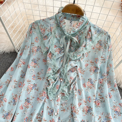 Lace Floral Chiffon Shirt Lace-Up Top