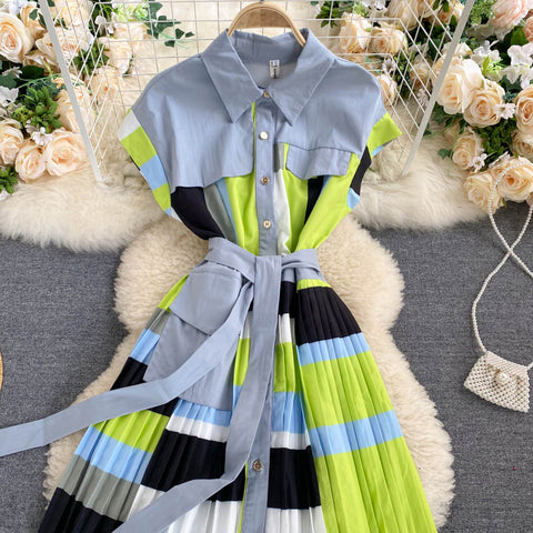 Chic Color Patching Pleated Shirt Dress
