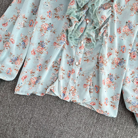 Lace Floral Chiffon Shirt Lace-Up Top