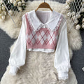 Diamond Pattern Sweater&Shirt&Skirt 3Pcs