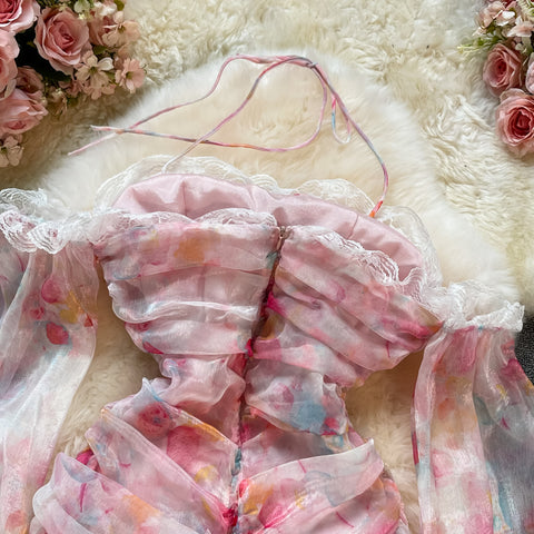 Floral Off-the-shoulder Cross Halterneck Bag Hip Dress