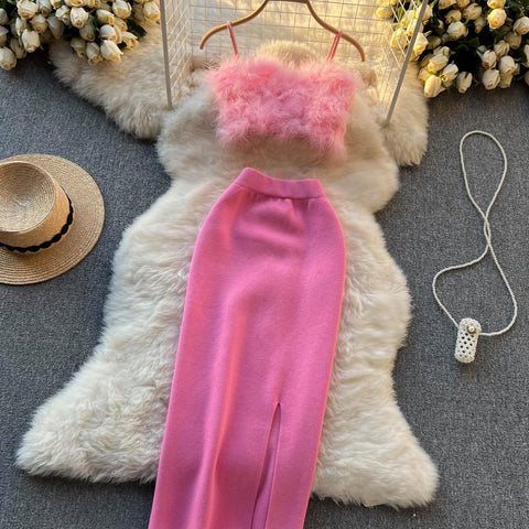 Furry Camisole& Knitted Skirt 2Pcs Set
