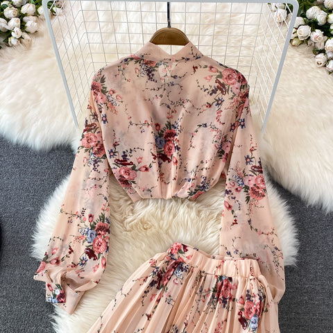 Two-piece Bow Tie Floral Chiffon Shirt And Skirt