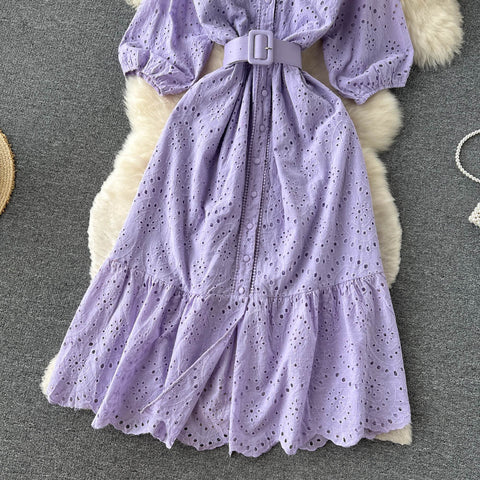 Frock With Hollow V-neck And Bubble Sleeves