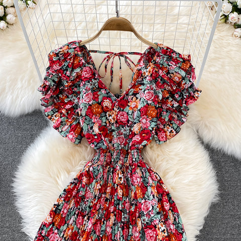 V-Neck Ruffle Sleeve Floral Pleated Dress