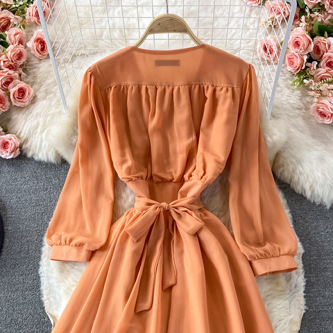 Puff Sleeve High Waist V Neck Chiffon Dress