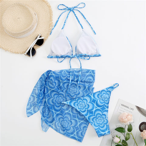 Printed Strappy Three-piece Swimsuit with Kirtle