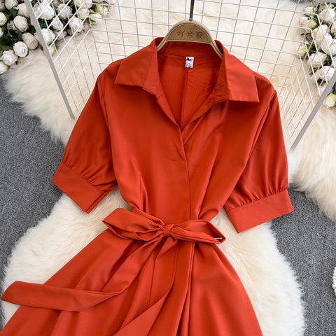 Solid Colour V-neck Bow Tie Dress