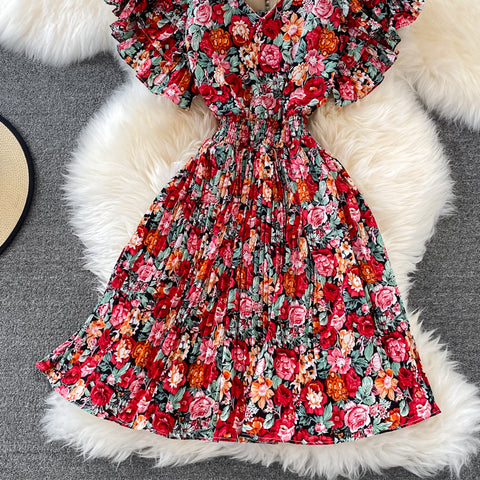 V-Neck Ruffle Sleeve Floral Pleated Dress