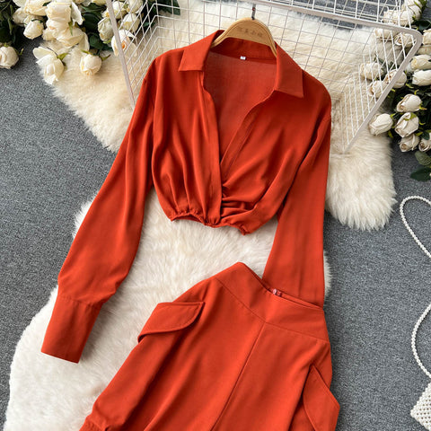 Lapeled Shirt&Wide-leg Trousers 2Pcs Set