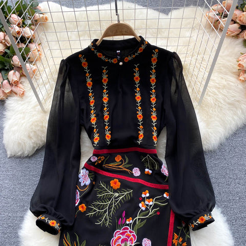 Stand-up Collar Embroidered Dress