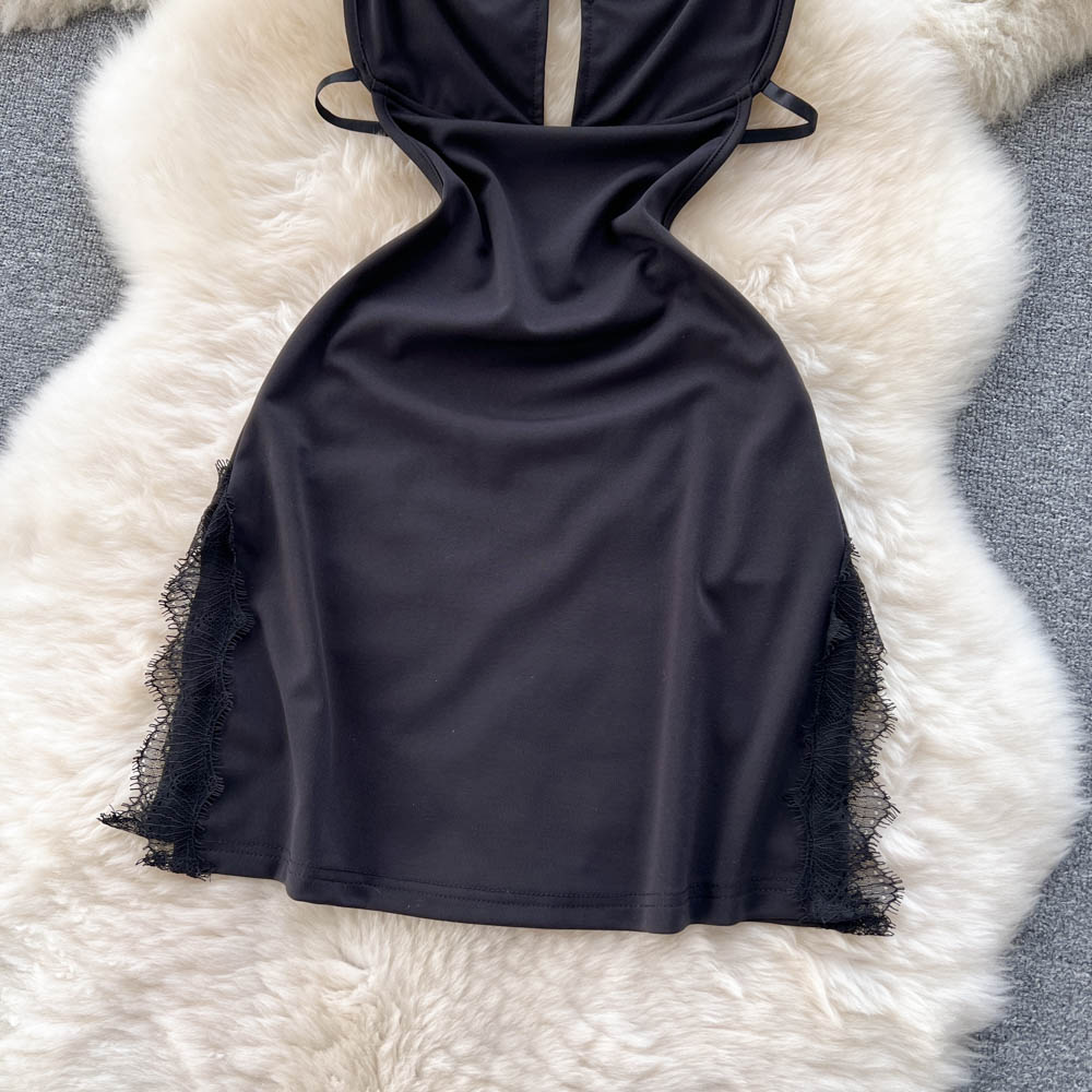 Backless Black Lace Halter Dress– irococo