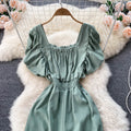 Square Neck Puff Long Sleeve Nipped Waist Jumpsuit