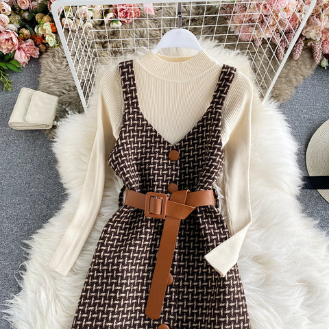 Two-piece Long-sleeved Sweater & Plaid Dress