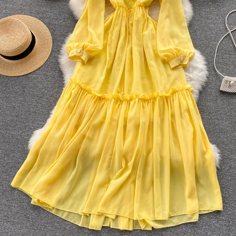 Stand-up Collar Yellow Chiffon Dress
