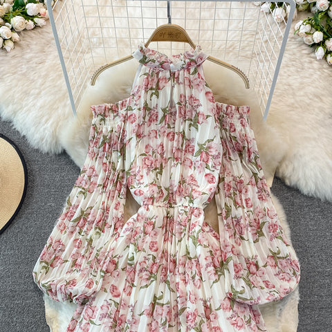 Puff-sleeve Halterneck Off-the-shoulder Floral Dress