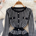 Vintage Houndstooth Patchwork Faux Two-piece Dress