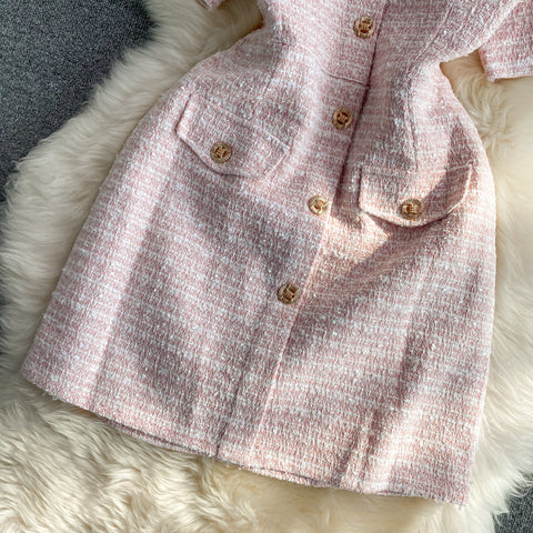 Round Neck Single-breasted Tweed Dress