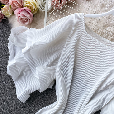 Ruffled Flared Sleeve Pleated Dress