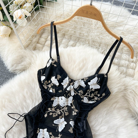 Butterfly Embroidered Lace Halter Jumpsuit
