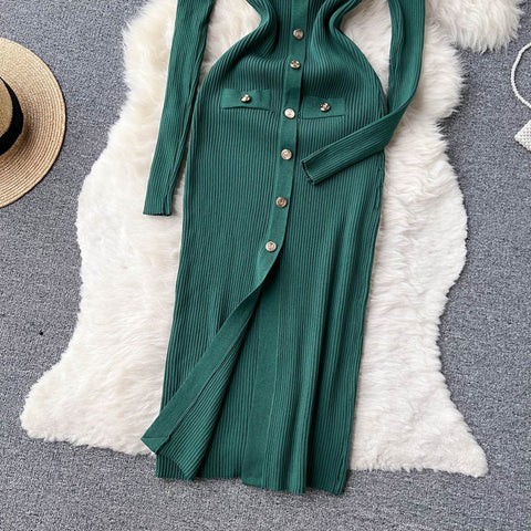 Elegant V-neck Long Sleeve Knitted Dress