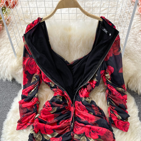 Rose-print Waist-neck Mesh Stretch Dress