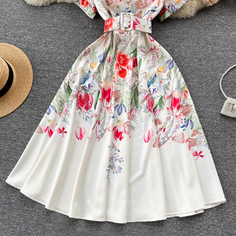 Suit Collar Floral Printed Chiffon Dress