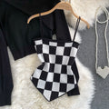 Two-piece Checkerboard Strap & Knitted Blouse