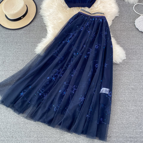 Star Sequined Mesh Skirt & Knit Top Two-piece