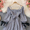 Bow Knot Check Sling Square Neck Bud Puff Dress