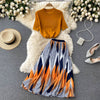 Elegant Knitted Top&Color-clashing Skirt 2Pcs