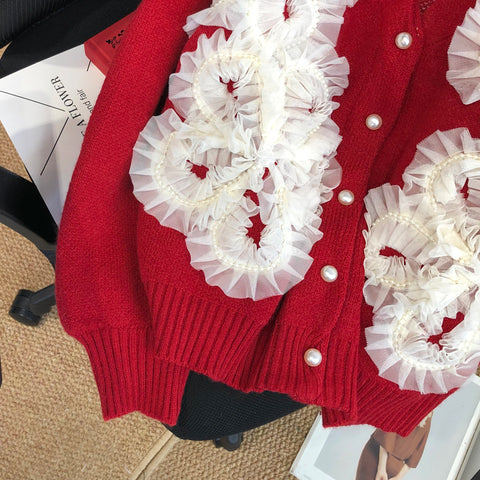 Beaded V-neck 3d Floral Cardigan