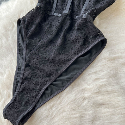 Vintage Mesh Lace-up Black Jumpsuit