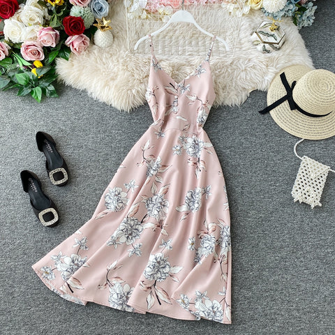 Printed V-neck Strap Beach Dress