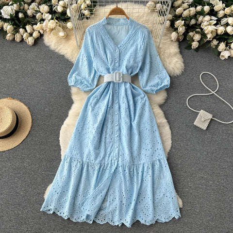 Frock With Hollow V-neck And Bubble Sleeves