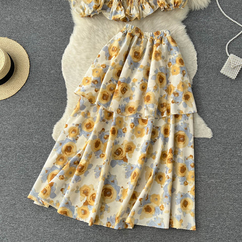 Floral Bustier Top&Layered Skirt 2Pcs