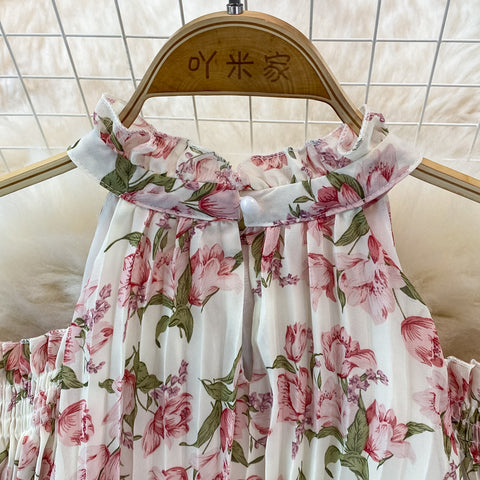 Puff-sleeve Halterneck Off-the-shoulder Floral Dress
