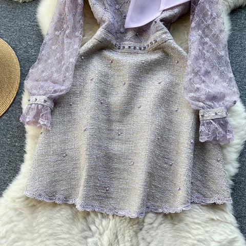 Beaded Embroidered Mesh Bow Dress