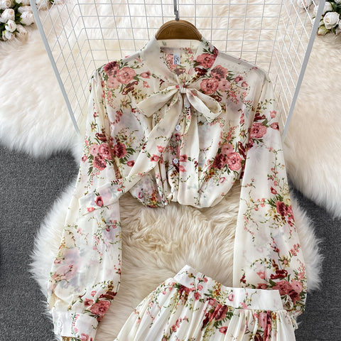 Two-piece Bow Tie Floral Chiffon Shirt And Skirt