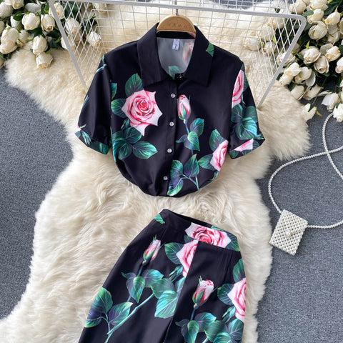 Two-piece Printed Shirt Wide-leg Pants