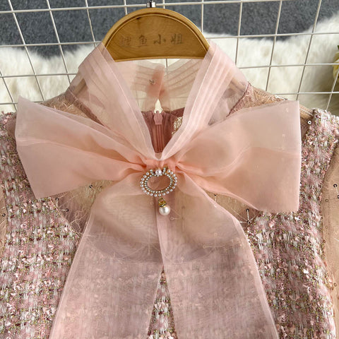 Bowknot Net Yarn Sequin Stitching Dress