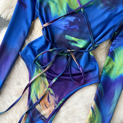 Tie-dye Lace-up Long-sleeved Jumpsuit