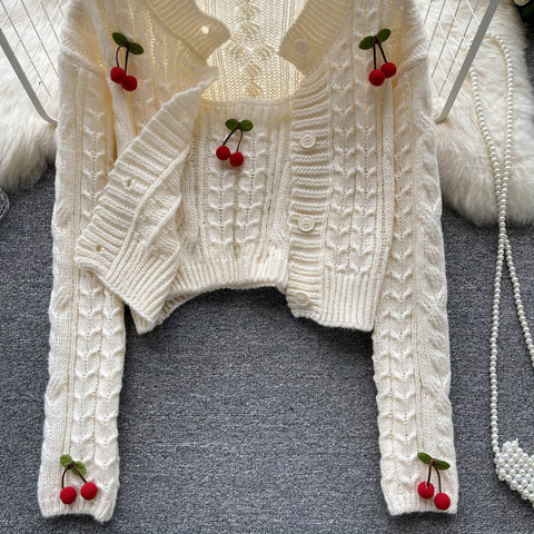 Cherry Knitted Cardigan&Camisole 2Pcs Set