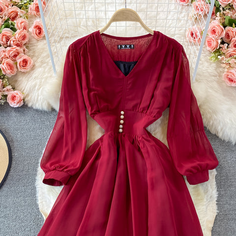 Puff Sleeve High Waist V Neck Chiffon Dress