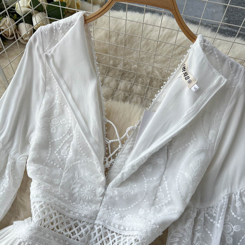 White Courtly V-neck Embroidered Dress