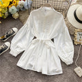 Lace Bow Tie Dress With Lantern Sleeves And Pearl Buttons