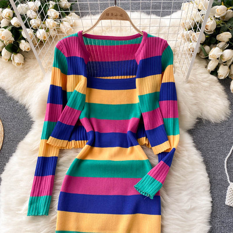 Colorblock Knitted Cardigan Suspender Dress Suit
