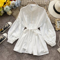 Lace Bow Tie Dress With Lantern Sleeves And Pearl Buttons