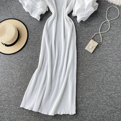 Ruffled Flared Sleeve Pleated Dress
