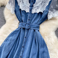 Lace-paneled High-waisted Lace-up Denim Dress